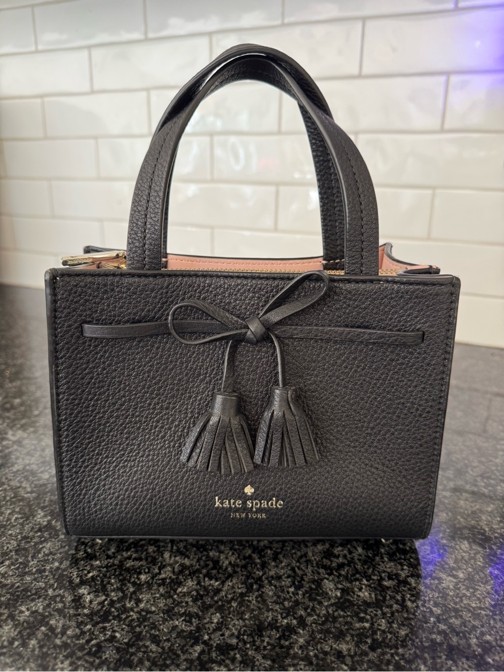 kate spade Black Pebbled Leather Mini Satchel with Tassel Bow